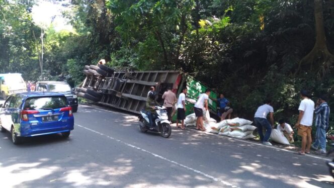 Truk Kontainer Muatan Gula Terguling di Kendalpayak Malang