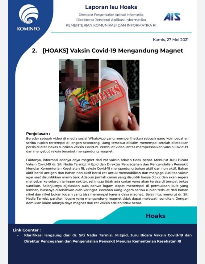 
Viral Koin Pecahan Seribu Rupiah Nempel di Lengan Pasca Divaksin, Dinkes Probolinggo : HOAKS!