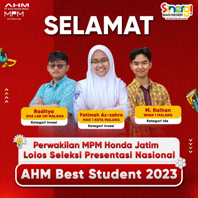 
3 Pelajar Perwakilan MPM Honda Jatim Lolos Seleksi Presentasi di Ajang AHM Best Student 2023