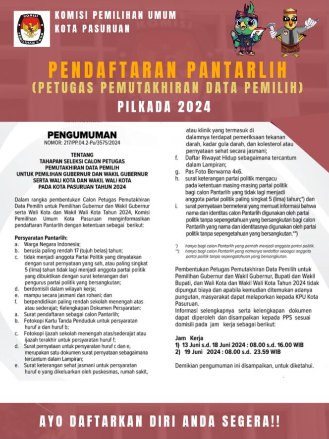 
KPU Kota Pasuruan Buka Pendaftaran Seleksi Pantarlih Pilgub Jatim dan Pilkada Kota Pasuruan 2024