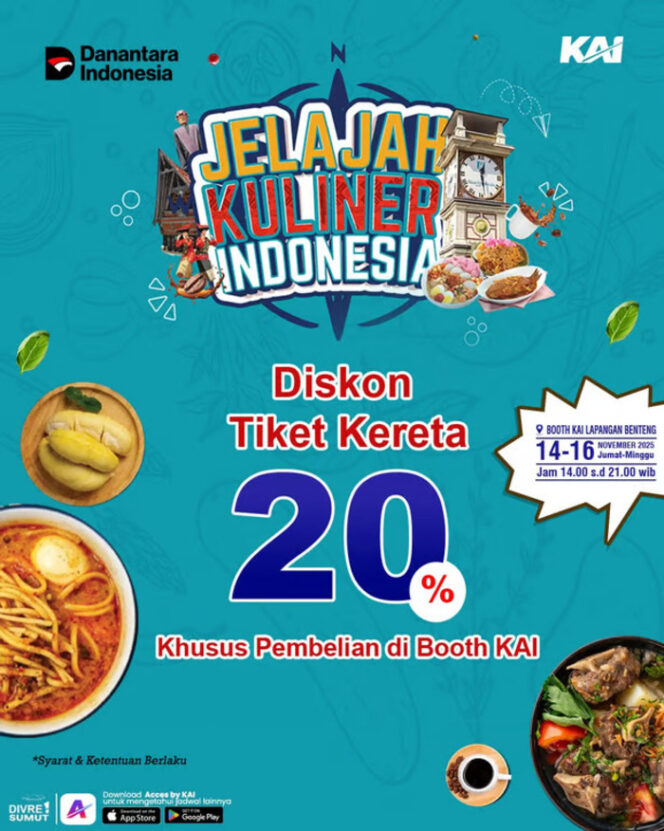 
Meriahkan Jelajah Kuliner Indonesia 2025, KAI Sumut Hadirkan Diskon 20 Persen untuk Tiket Kereta Eksekutif Jawa–Sumatera
