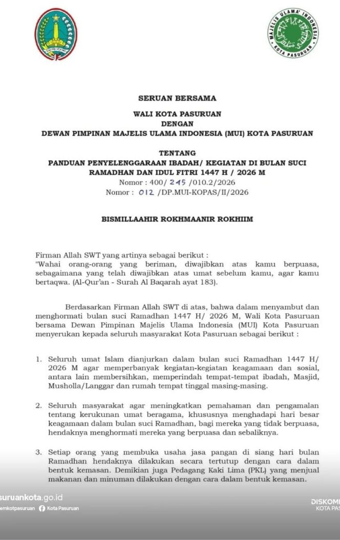 
Pemkot Pasuruan dan MUI Terbitkan Seruan Bersama Ramadan 1447 H