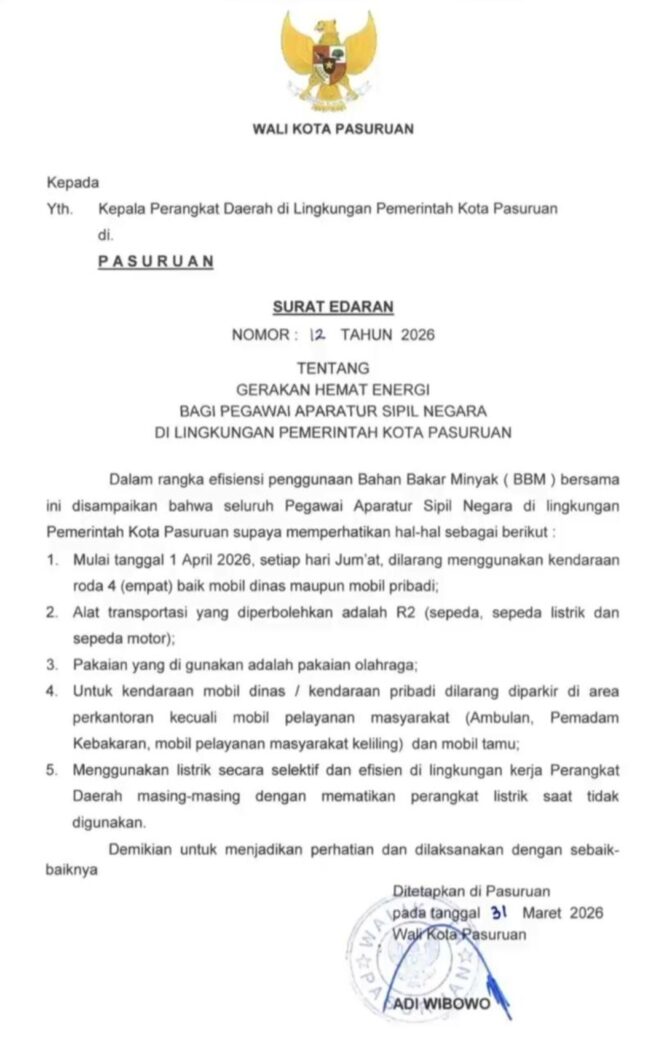 
ASN Kota Pasuruan Dilarang Pakai Mobil Setiap Jumat, Wali Kota Terbitkan SE Gerakan Hemat Energi